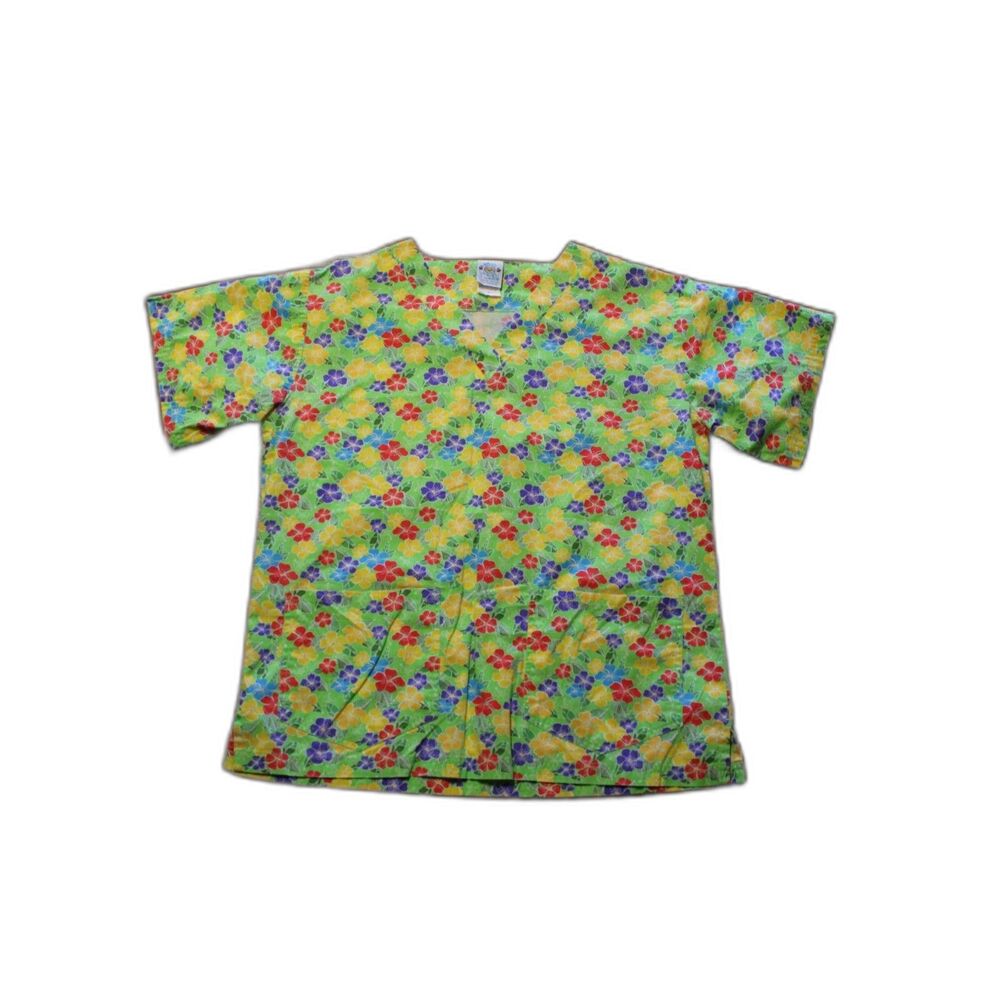 Happy Scrubs Women Yellow Floral Short Sleeve Medical Scrub Size Small V-Neck